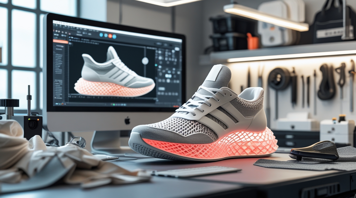 Submit Design Runnix 3D Modern banner featuring Runnix 3D's futuristic sneaker concept, with sustainable design and digital customization focus.